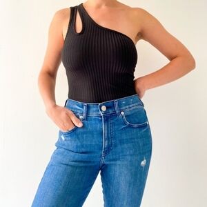Blue Blush Black Ribbed One Shoulder Body Suit Size Small